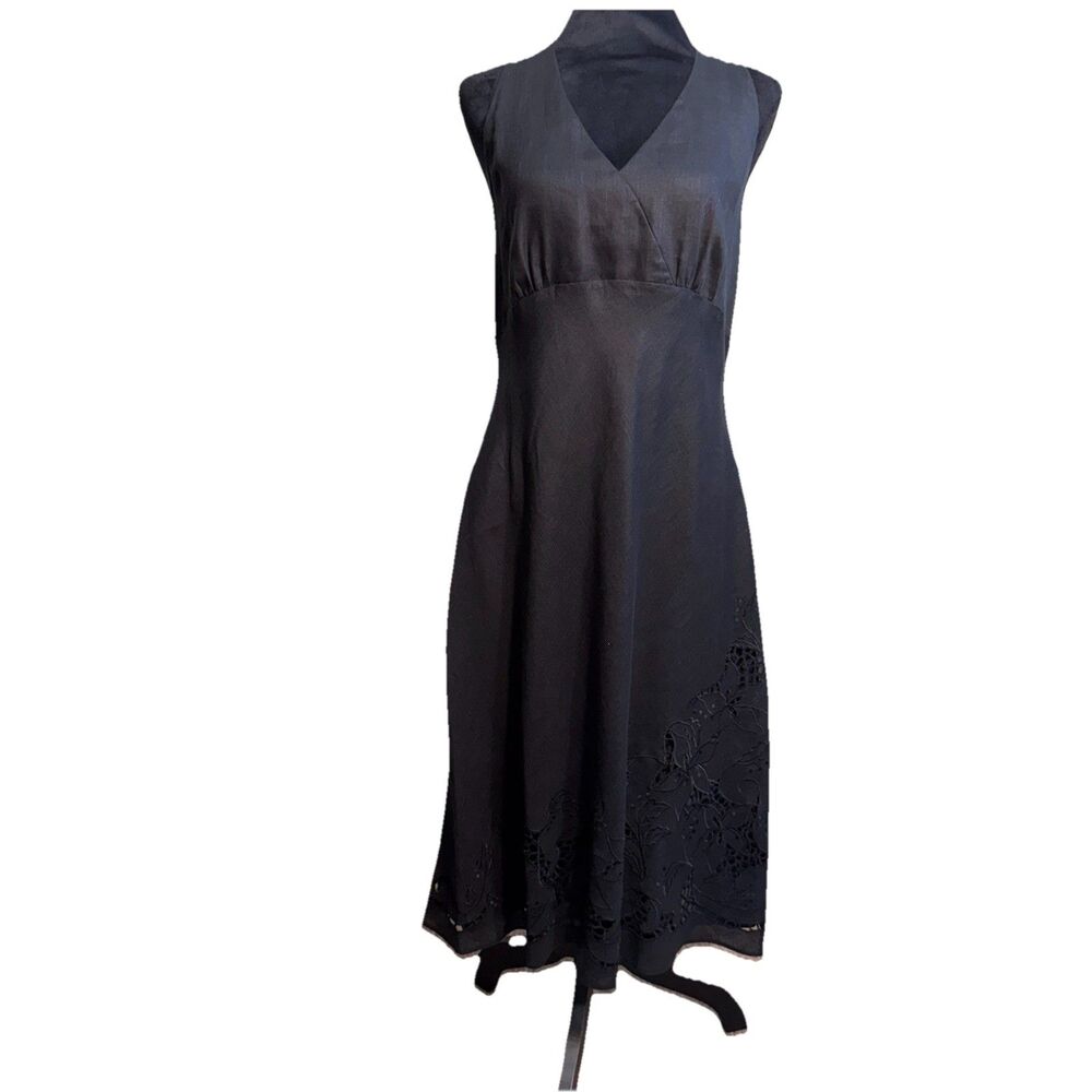*Ann Taylor Size 12 Little Black Linen Halter Midi Dress Lined Cutout Detail